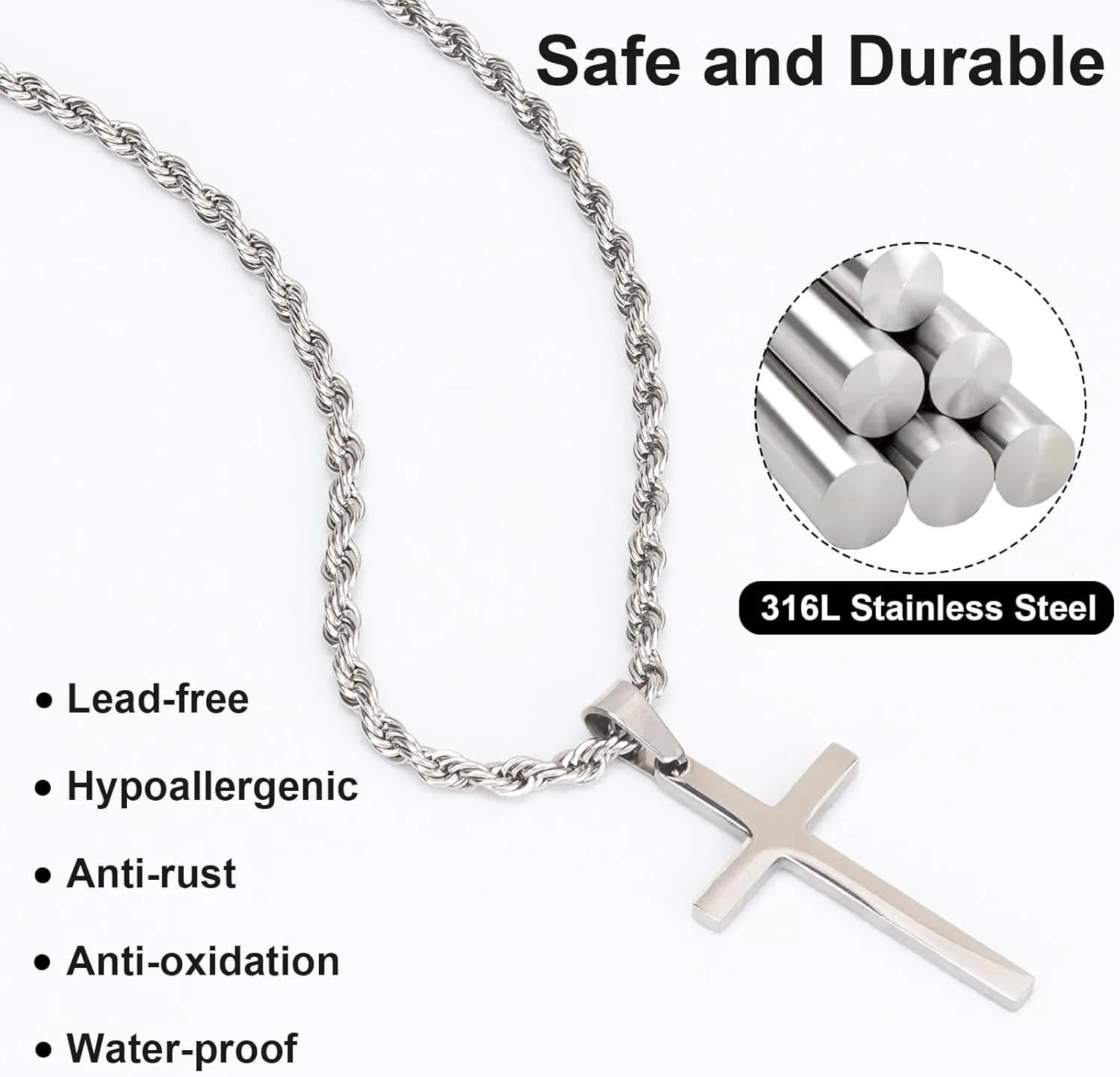 Cross Necklace for Men, FOWSRHRGS tainless Steel Cross Pendant Necklaces with Cuban Link Chain, Silver Double Layered Cross Necklaces for Men, Christmas Jewelry Gift for Father Husband