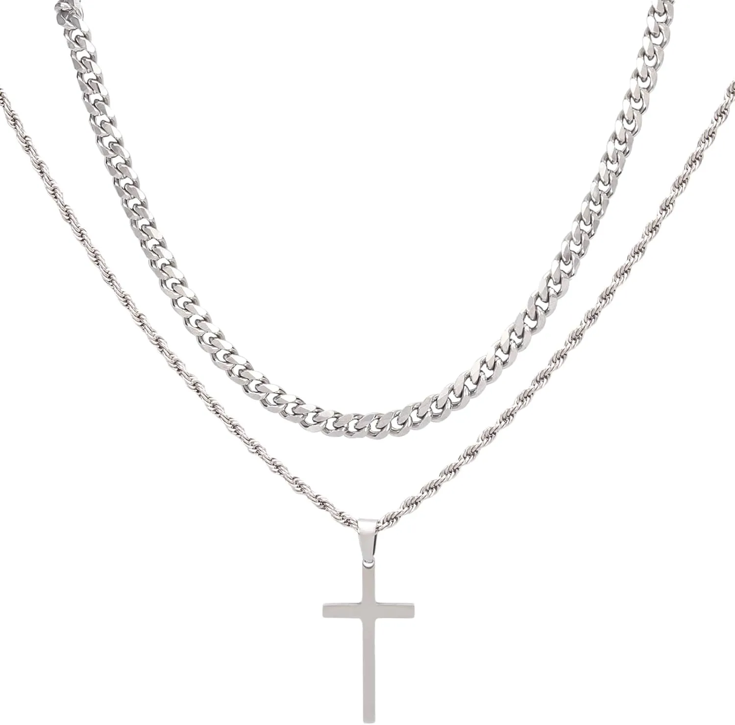 Cross Necklace for Men, FOWSRHRGS tainless Steel Cross Pendant Necklaces with Cuban Link Chain, Silver Double Layered Cross Necklaces for Men, Christmas Jewelry Gift for Father Husband
