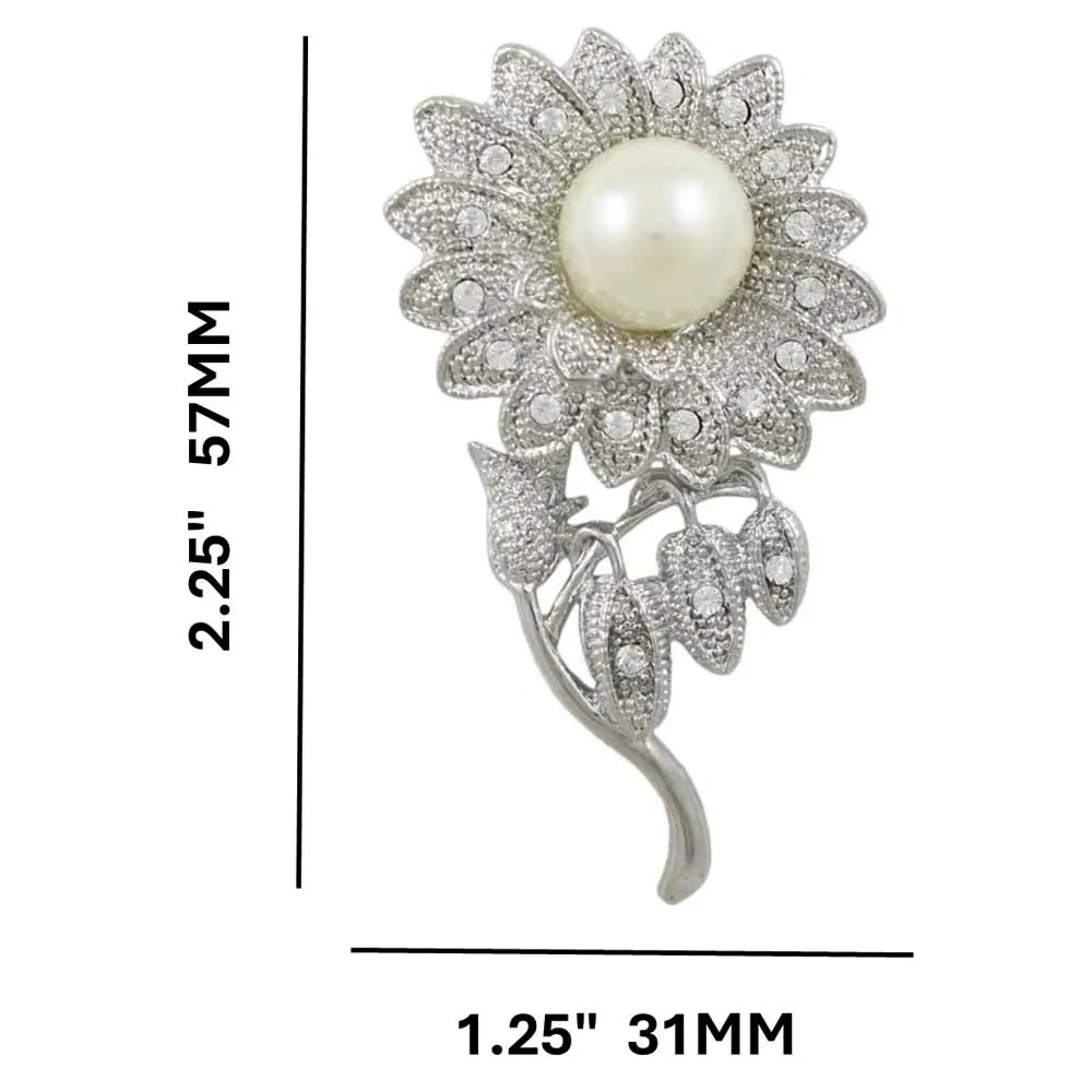 Crystal Sunflower Brooch Pin with Large White Pearl - PRP825