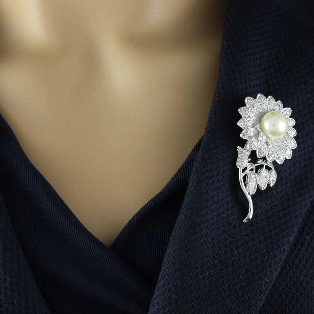 Crystal Sunflower Brooch Pin with Large White Pearl - PRP825