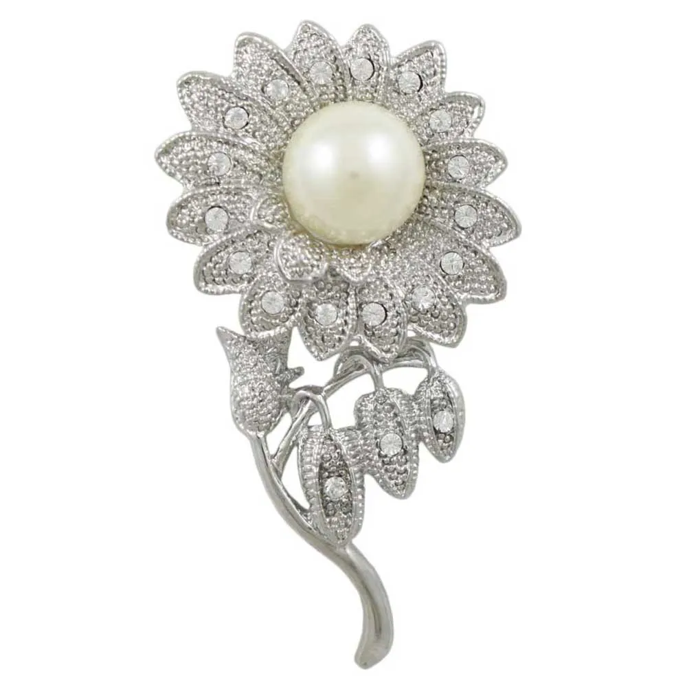 Crystal Sunflower Brooch Pin with Large White Pearl - PRP825