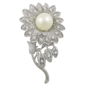 Crystal Sunflower Brooch Pin with Large White Pearl - PRP825