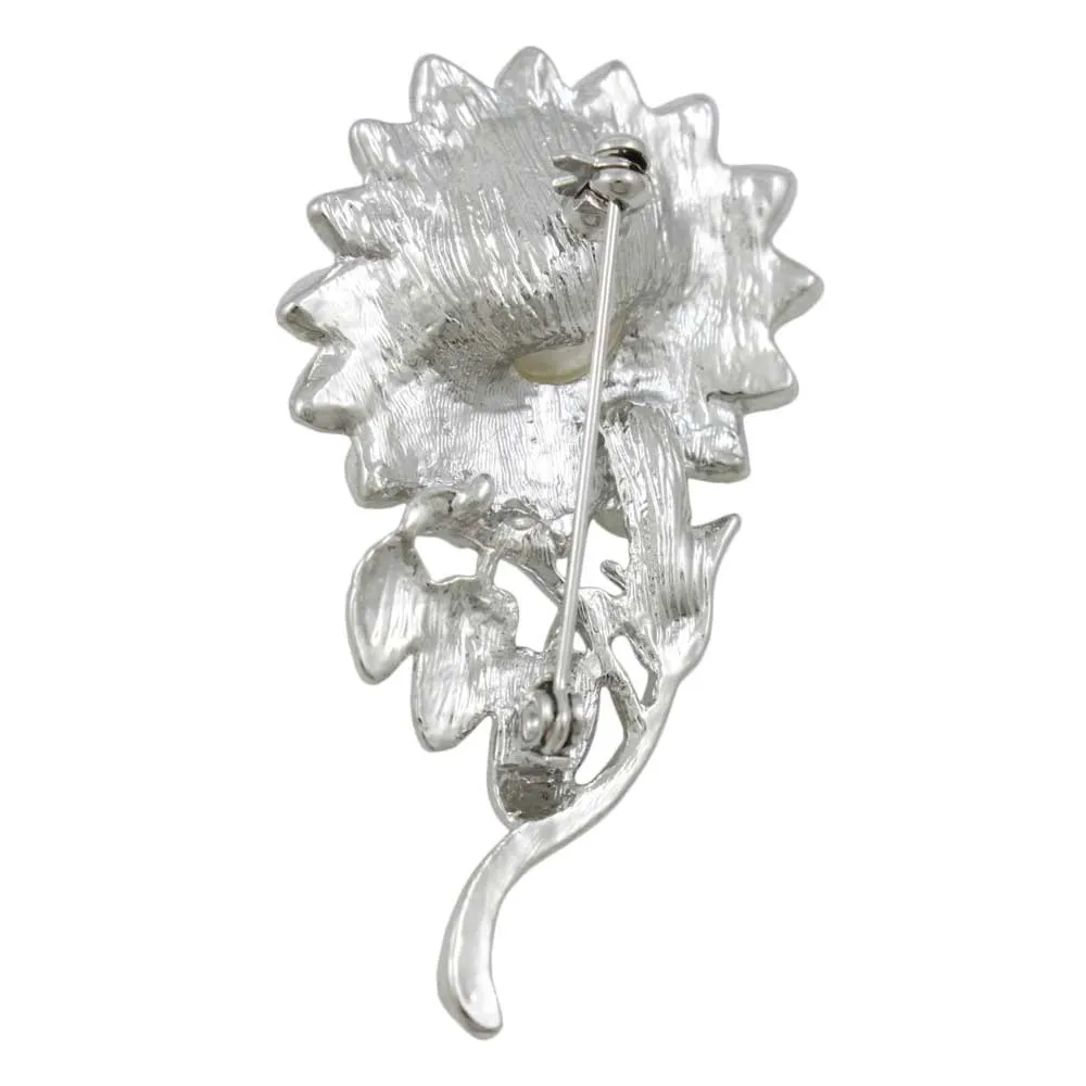 Crystal Sunflower Brooch Pin with Large White Pearl - PRP825