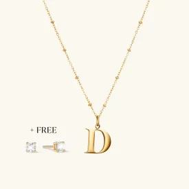 D Initial Pendant Necklace In Gold   FREE Diamond Stud Earrings in Gold