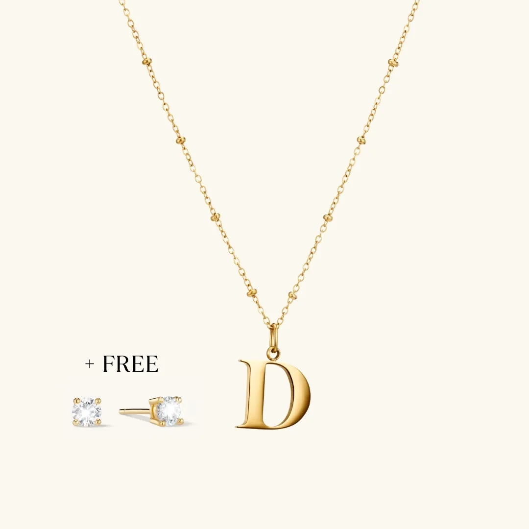 D Initial Pendant Necklace In Gold   FREE Diamond Stud Earrings in Gold