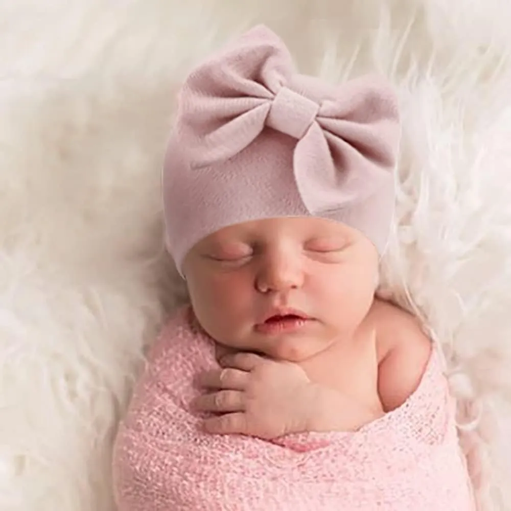 DRESHOW BQUBO Newborn Baby Girls Hats Hospital Hat Baby Cotton Beanie Infant Big Bow Hats for 0-24 Months