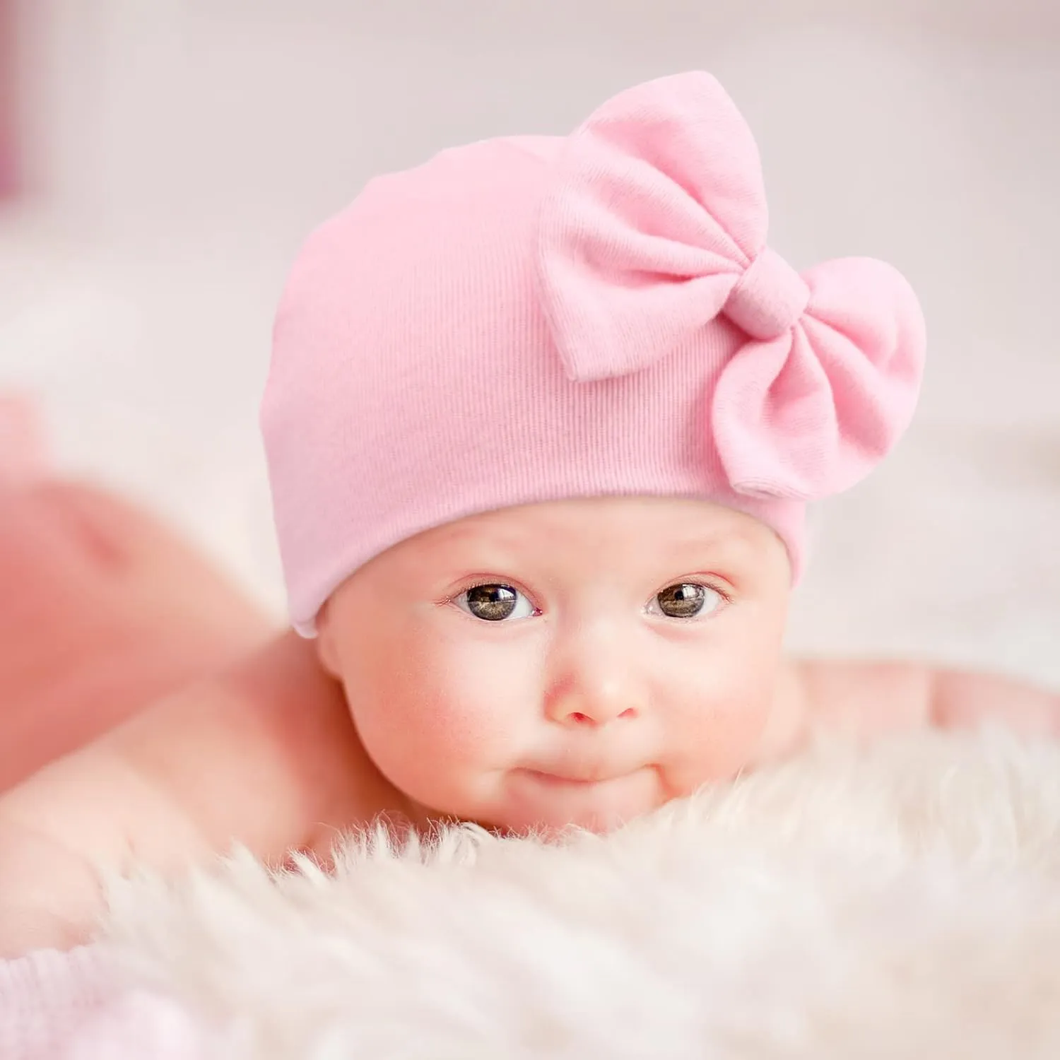 DRESHOW BQUBO Newborn Baby Girls Hats Hospital Hat Baby Cotton Beanie Infant Big Bow Hats for 0-24 Months