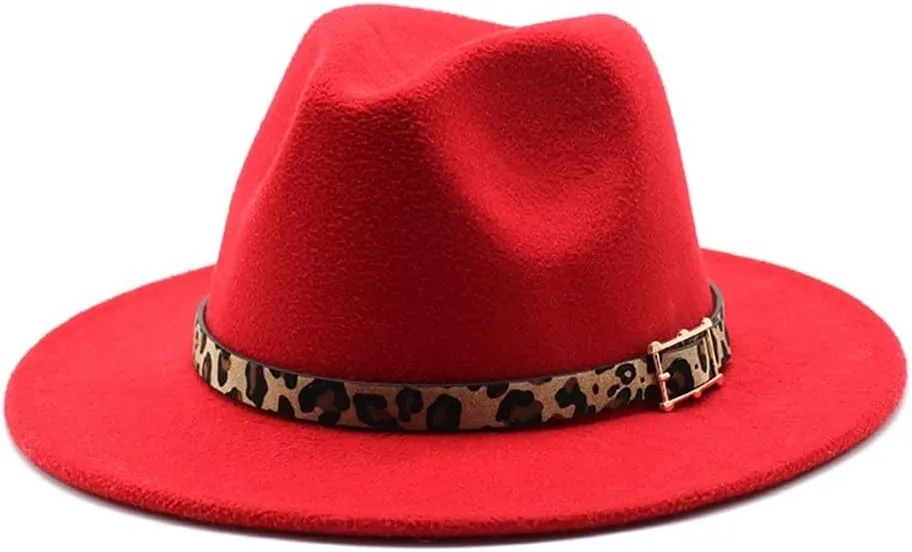 European and American Woolen Hat, Leopard Print Hat for Men and Women, Flat Brim Big Brim Jazz Felt Hat Fengyan Cowboy Hats (Color : Rose Red, Size : 58-60cm)