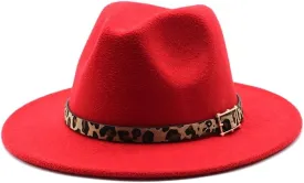 European and American Woolen Hat, Leopard Print Hat for Men and Women, Flat Brim Big Brim Jazz Felt Hat Fengyan Cowboy Hats (Color : Rose Red, Size : 58-60cm)