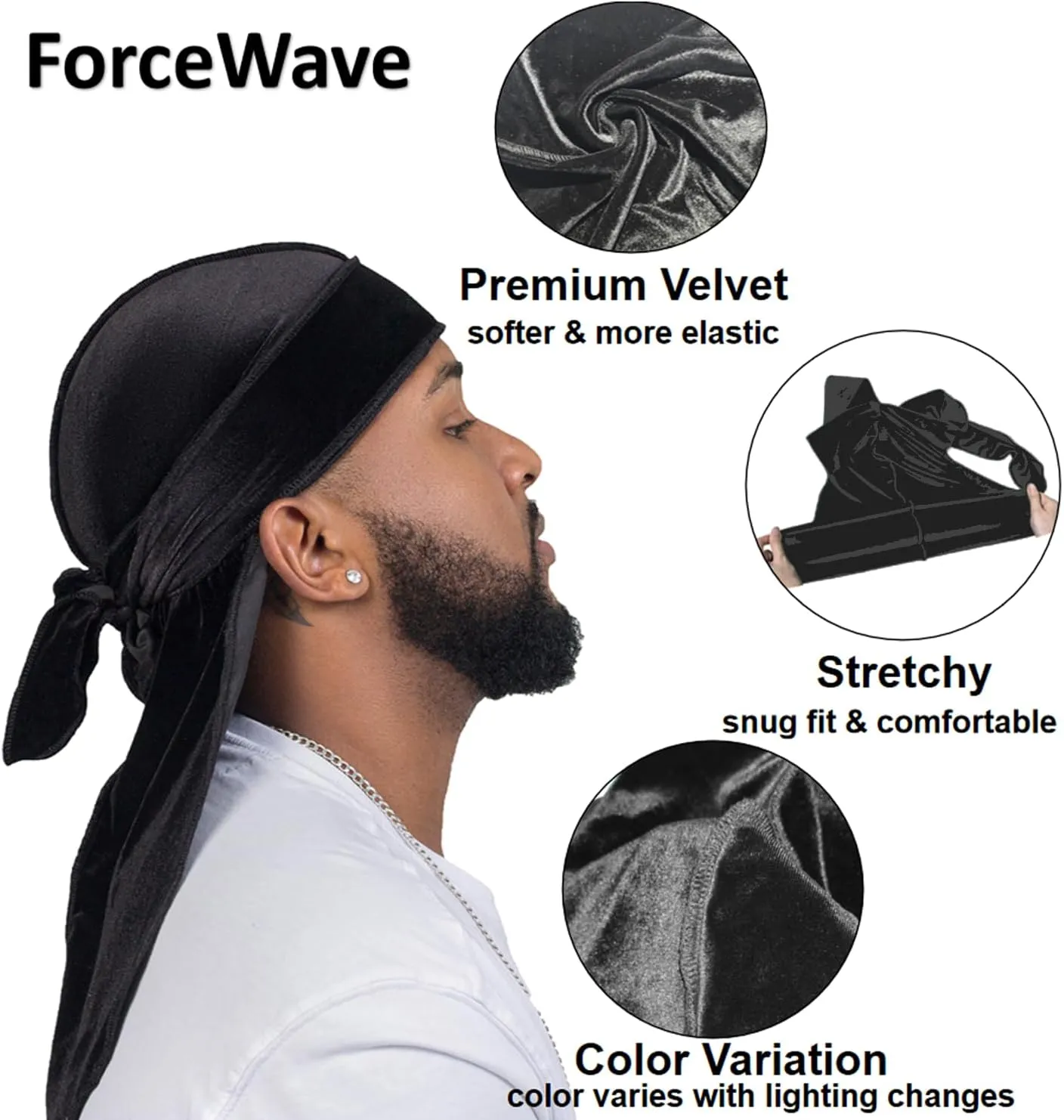 ForceWave Velvet Durags for Men Premium Du Rags Pack of 4 for Men Women with Long Tail and Wide Strap