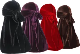 ForceWave Velvet Durags for Men Premium Du Rags Pack of 4 for Men Women with Long Tail and Wide Strap