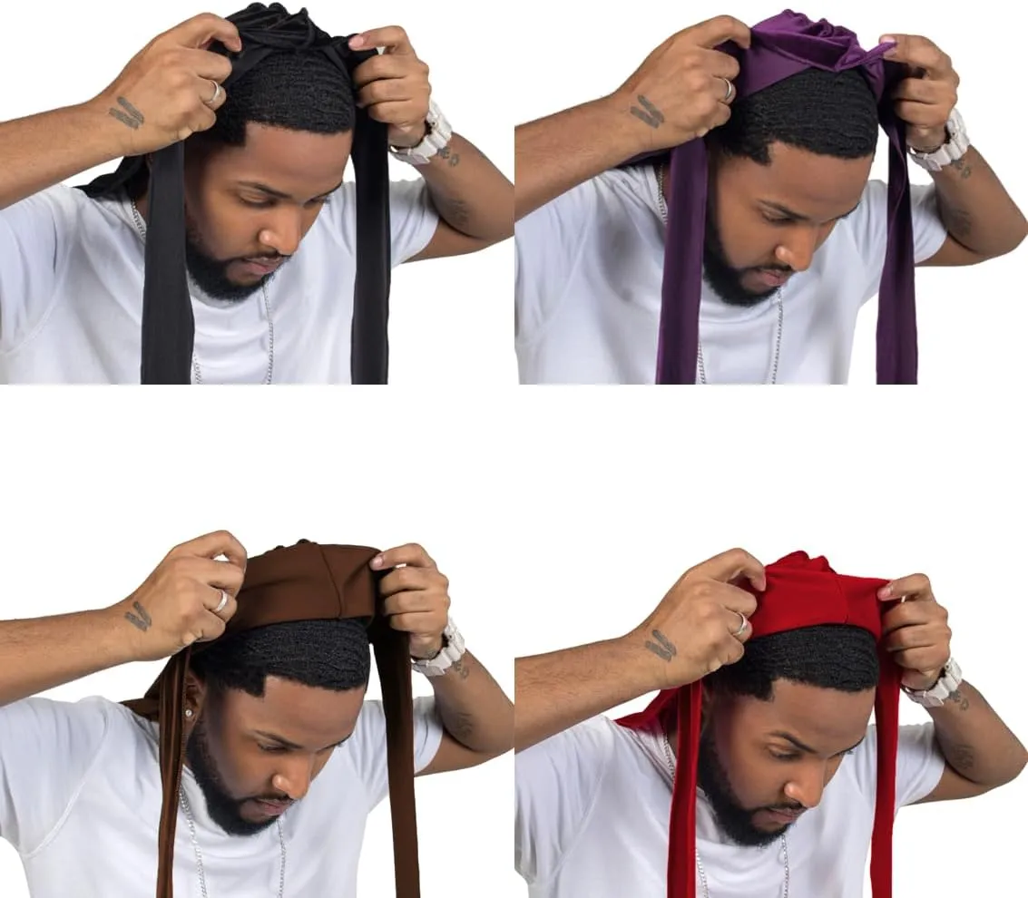 ForceWave Velvet Durags for Men Premium Du Rags Pack of 4 for Men Women with Long Tail and Wide Strap