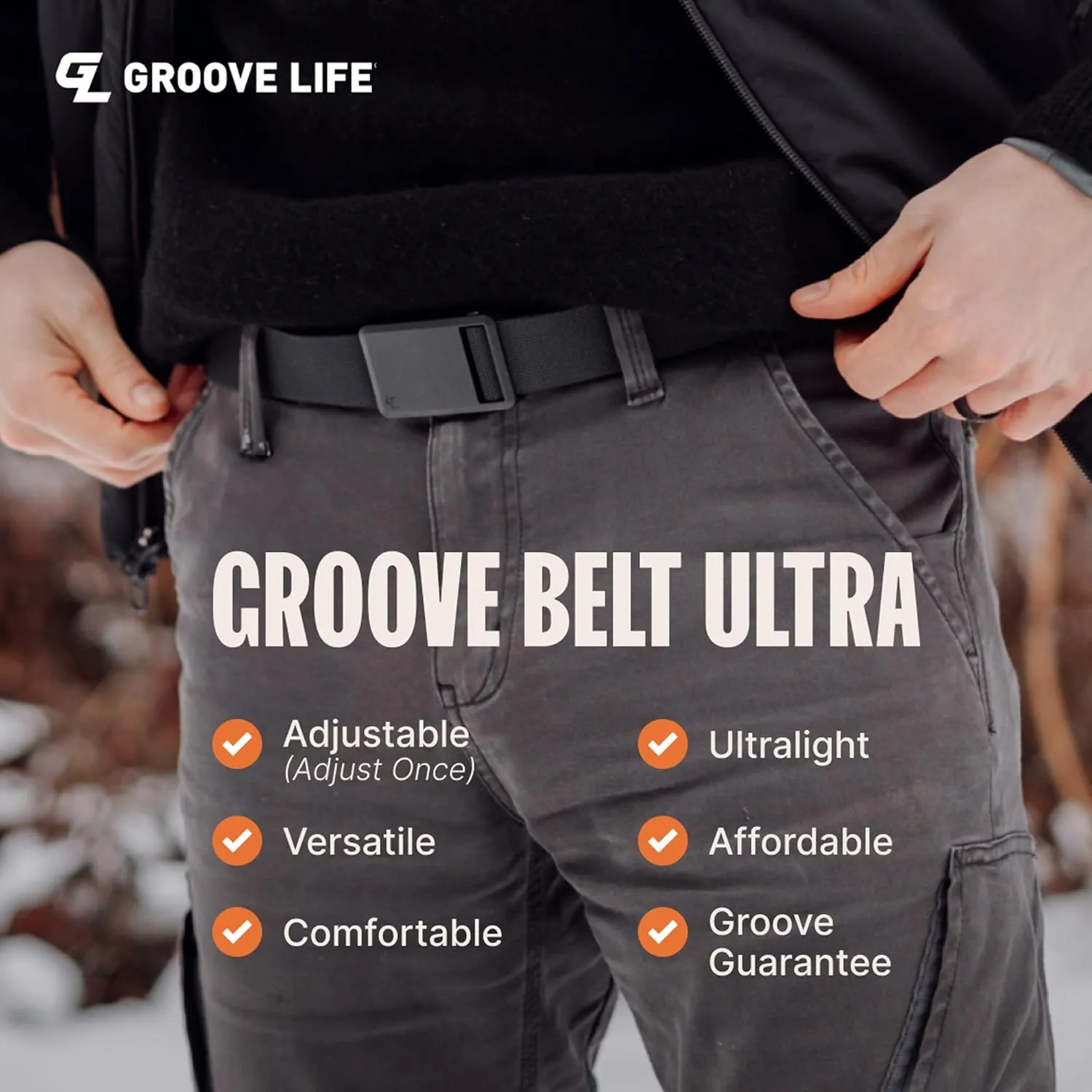 Groove Life Groove Belt Ultra - Men's Stretch Nylon Belt with Magnetic Polymer Buckle, Lightweight, Machine Washable