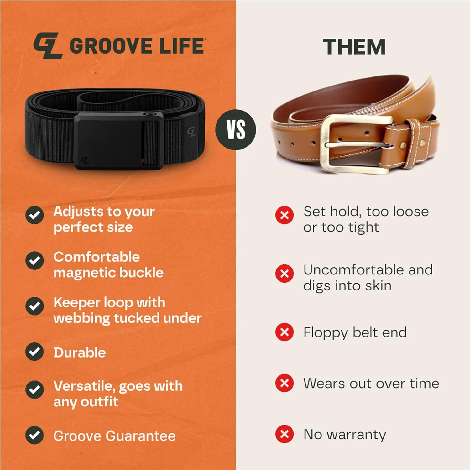 Groove Life Groove Belt Ultra - Men's Stretch Nylon Belt with Magnetic Polymer Buckle, Lightweight, Machine Washable