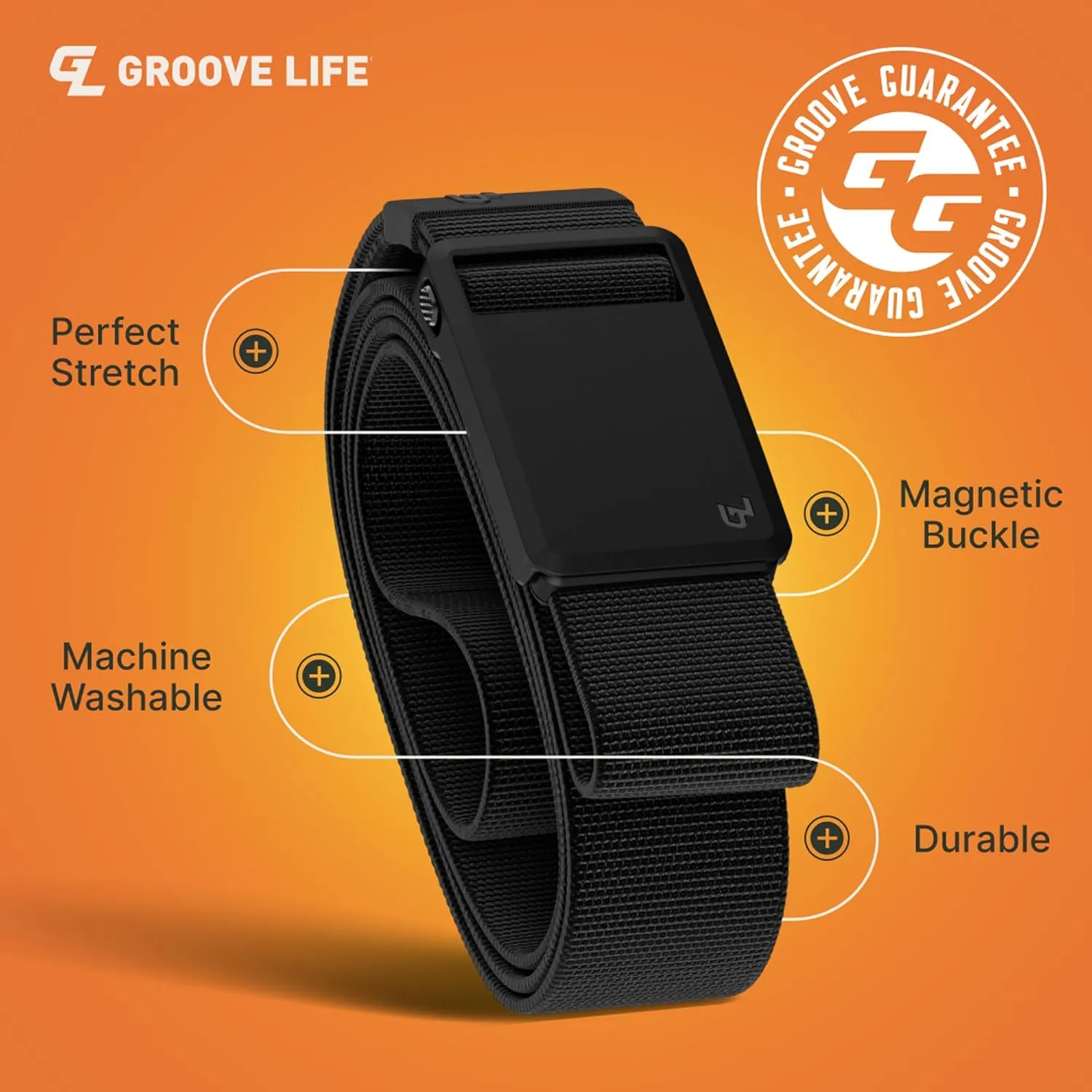 Groove Life Groove Belt Ultra - Men's Stretch Nylon Belt with Magnetic Polymer Buckle, Lightweight, Machine Washable