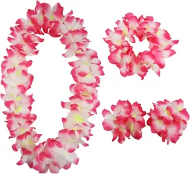 Hawaiian Leis Set,Hawaiian Luau Flower Leis Necklace Headband Bracelets Set,Essential Party Decorations for Birthday, Graduation, and Wedding Celebrations (Pink)