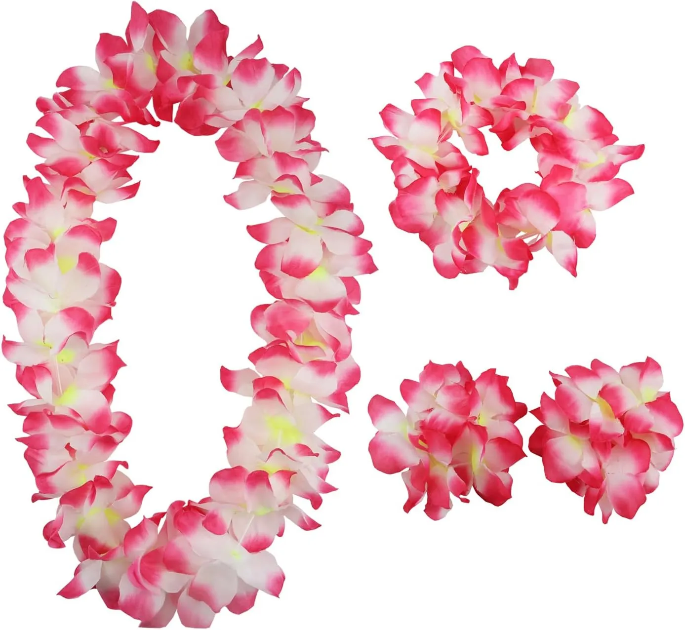 Hawaiian Leis Set,Hawaiian Luau Flower Leis Necklace Headband Bracelets Set,Essential Party Decorations for Birthday, Graduation, and Wedding Celebrations (Pink)