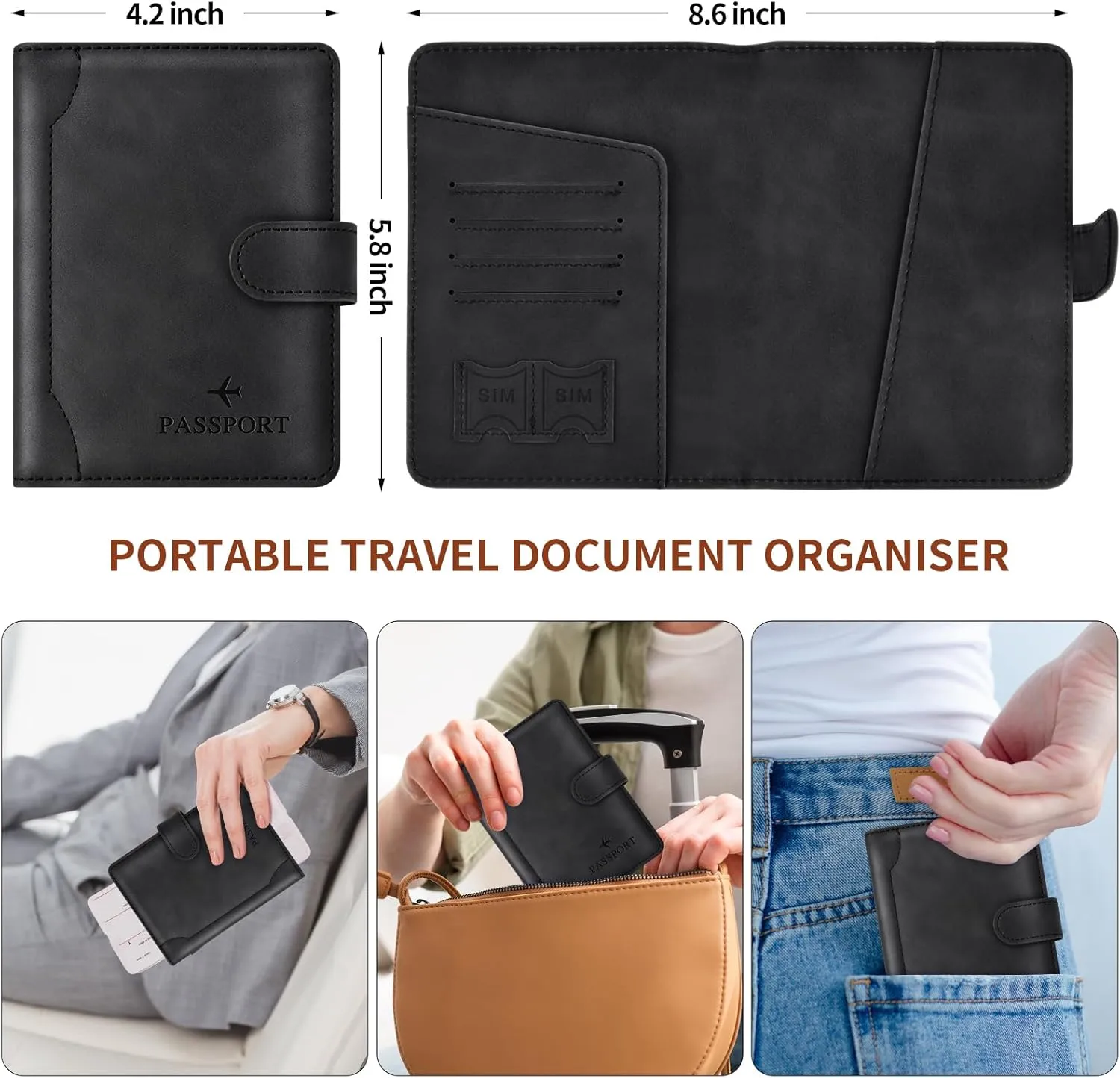 Herain Black Passport Holder for Travel, Passport Wallet Cover Case Women Men Family Cruise Ship Essentials, RFID Passport Book Holders Travel Accessories Vacation Must Haves