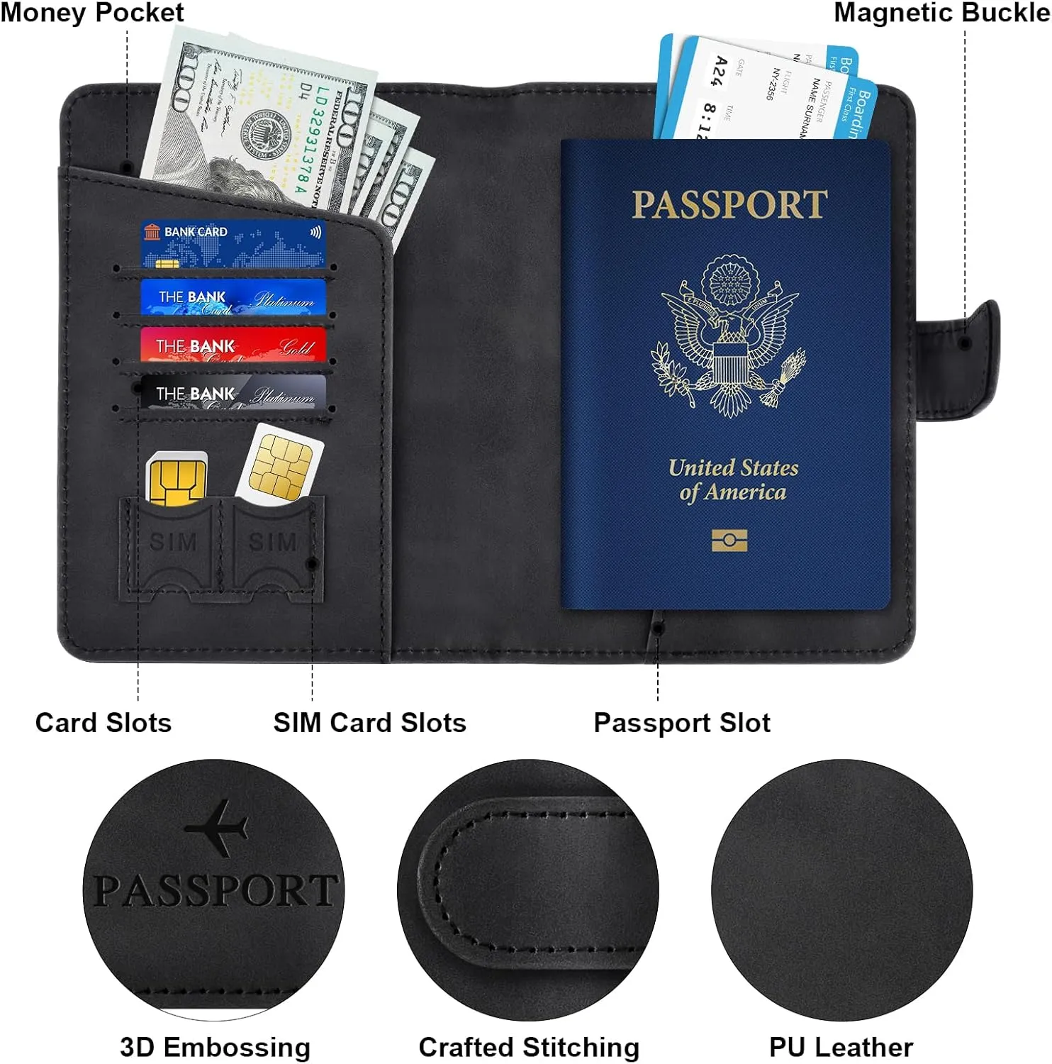Herain Black Passport Holder for Travel, Passport Wallet Cover Case Women Men Family Cruise Ship Essentials, RFID Passport Book Holders Travel Accessories Vacation Must Haves