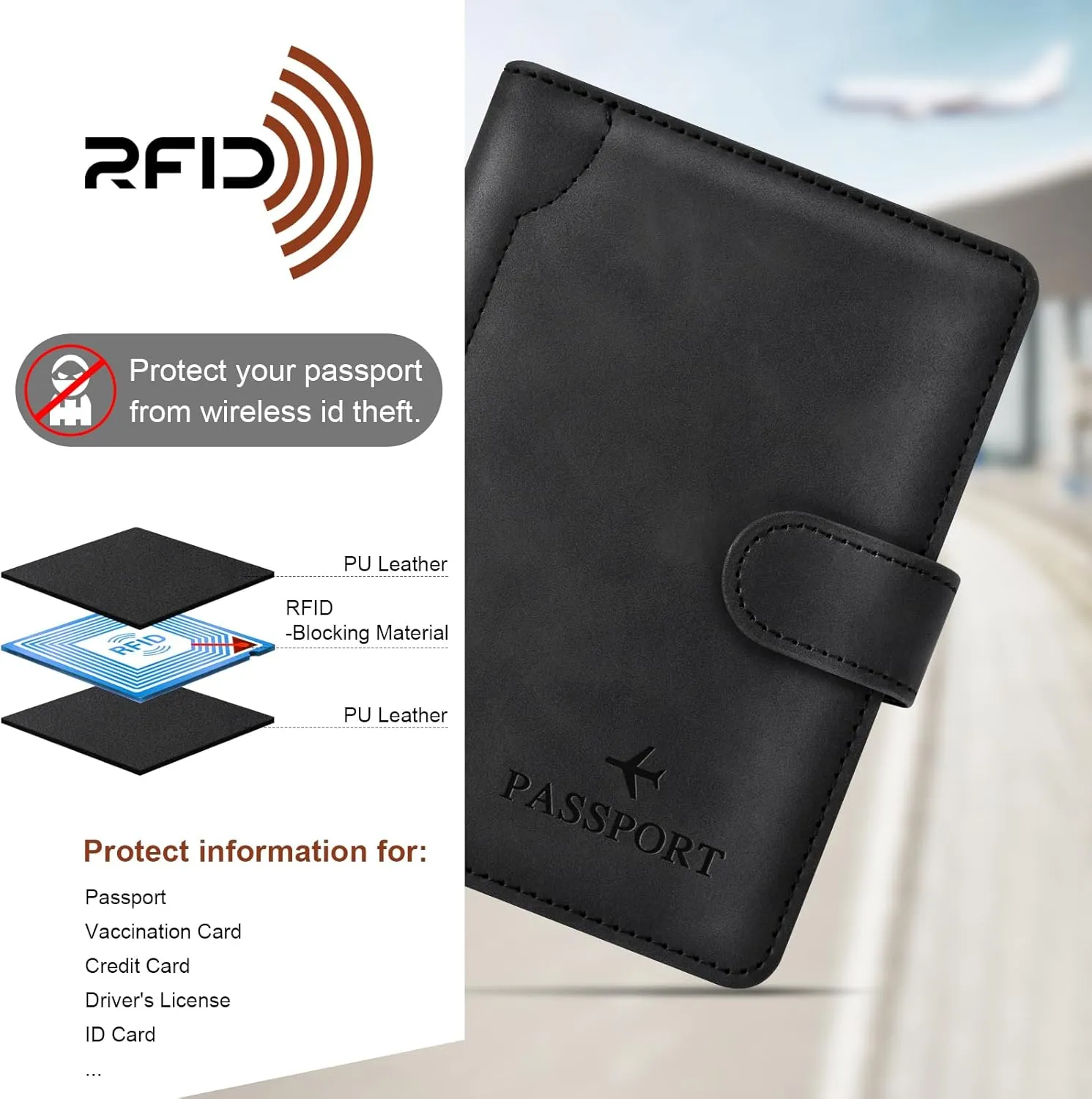 Herain Black Passport Holder for Travel, Passport Wallet Cover Case Women Men Family Cruise Ship Essentials, RFID Passport Book Holders Travel Accessories Vacation Must Haves