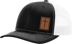 Heritage Pride Men's Christian Cross Worship Prayer God Laser Engraved Leather Patch Mesh Back Trucker Hat