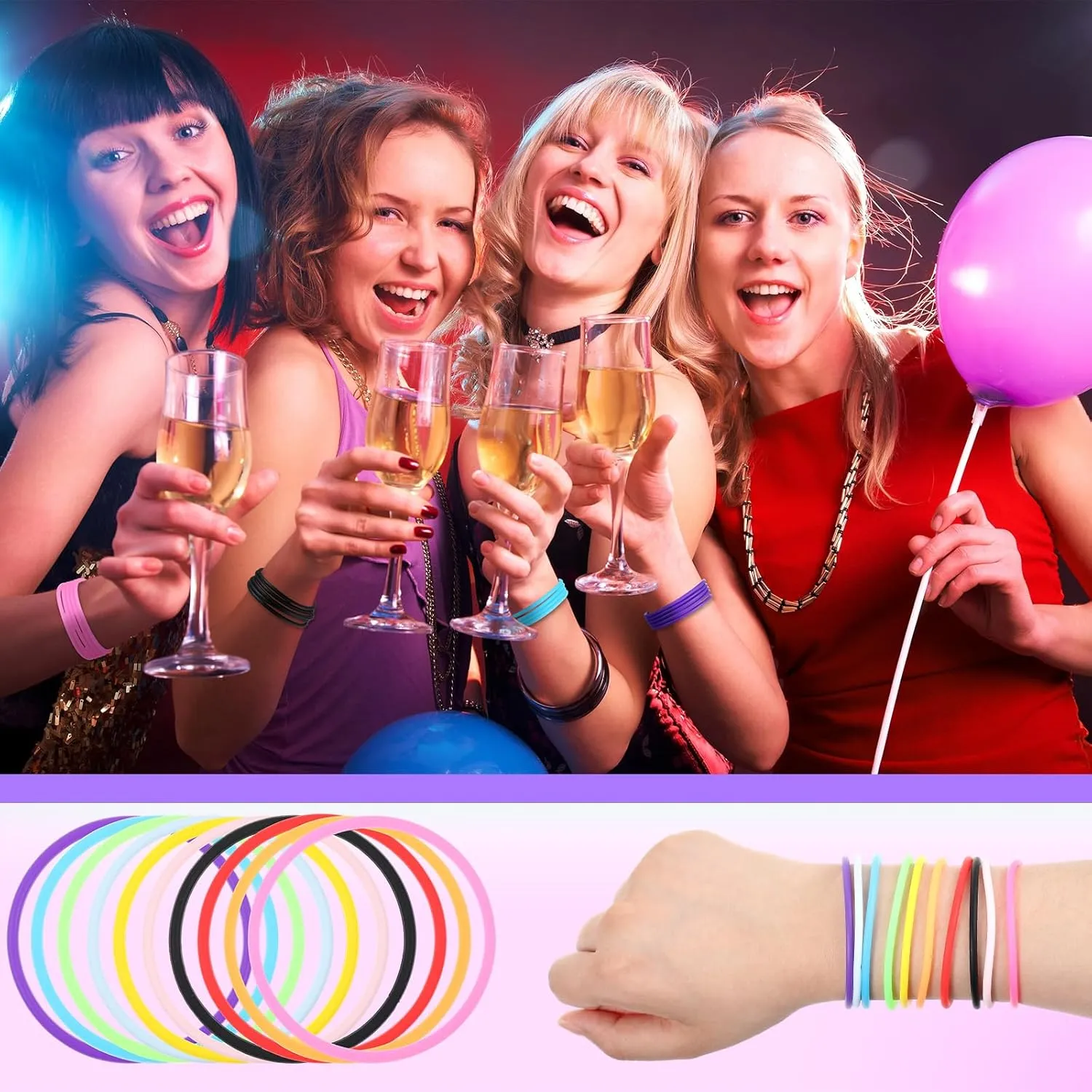Hotop 100 Pcs 80s Multicolor Silicone Jelly Rubber Bracelets Hair Ties Women, Mixed Style, Random Color