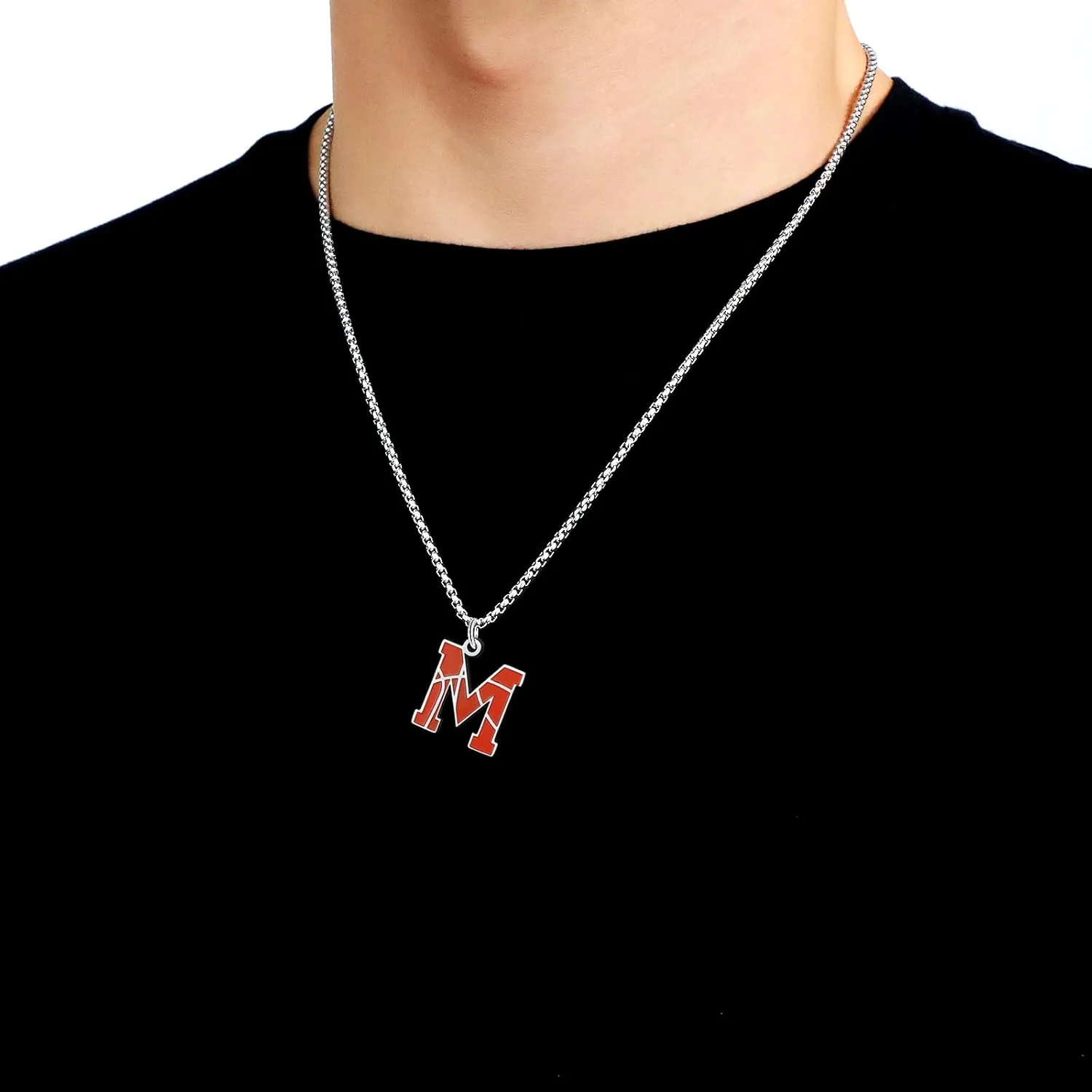Initial A-Z Letter Basketball Necklace for Men - Charm Pendant With Stainless Steel Silver Box Chain 22 2inch - Personalized Gift