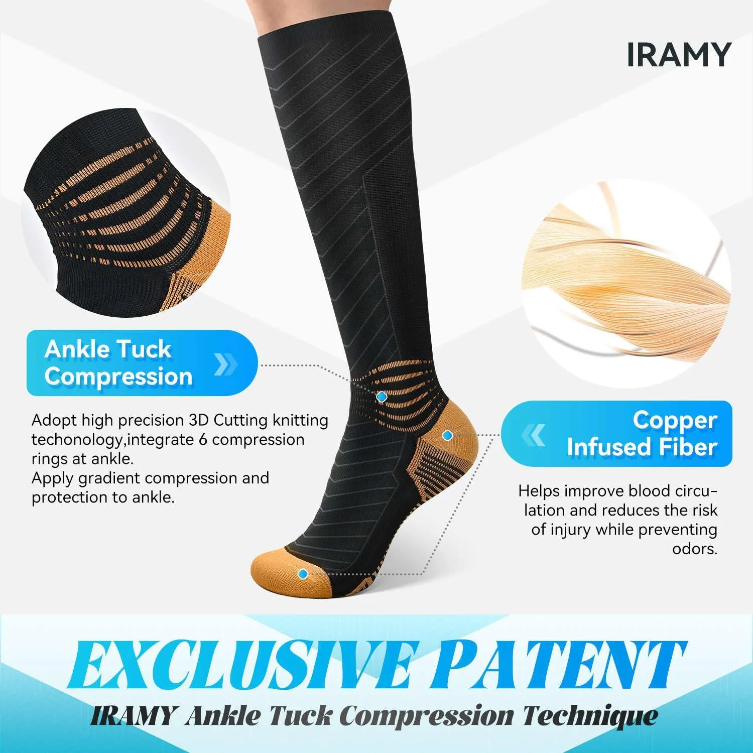 IRAMY Copper Compression Socks Men Women Ankle Support V-Shape Gradient Compression Coolmax Wicking Knee High Socks 3 Packs