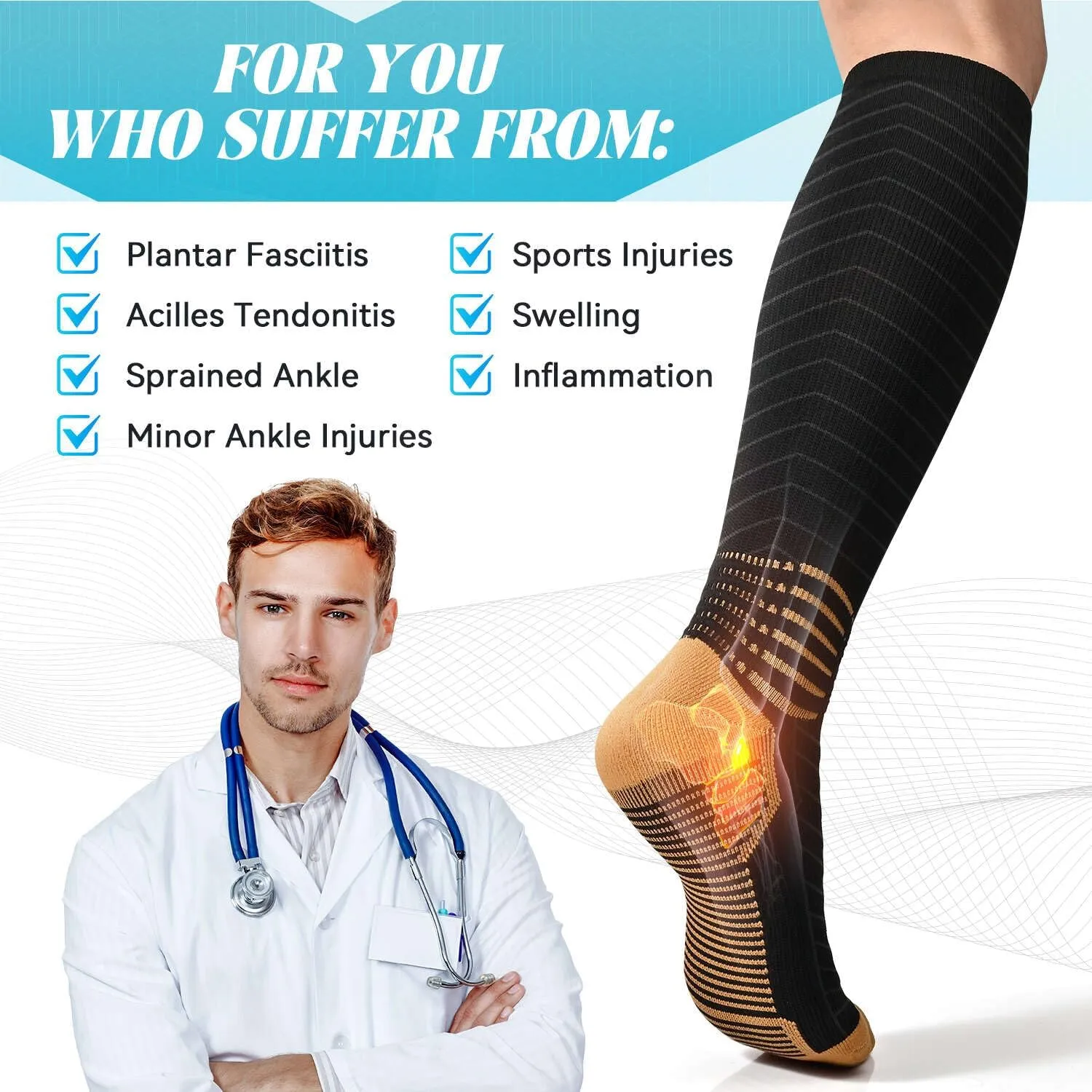 IRAMY Copper Compression Socks Men Women Ankle Support V-Shape Gradient Compression Coolmax Wicking Knee High Socks 3 Packs