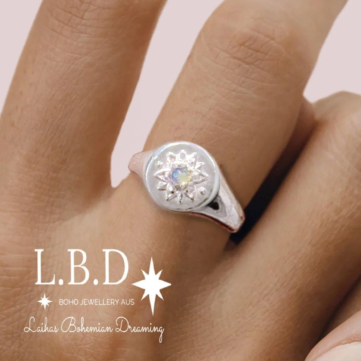 Laihas Intricate Vera May Sterling Silver Signet Ring- Genuine Opal Ring