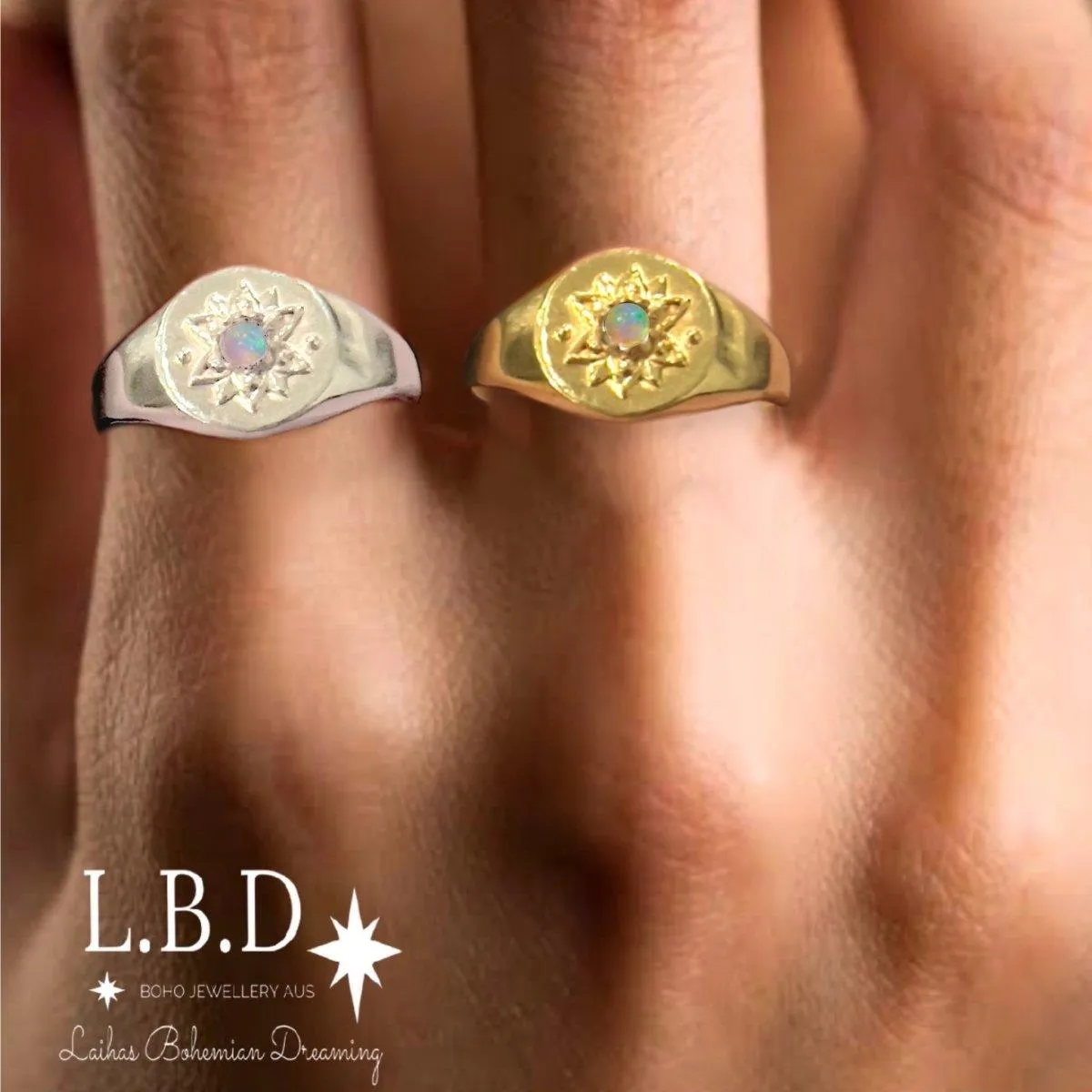 Laihas Intricate Vera May Sterling Silver Signet Ring- Genuine Opal Ring
