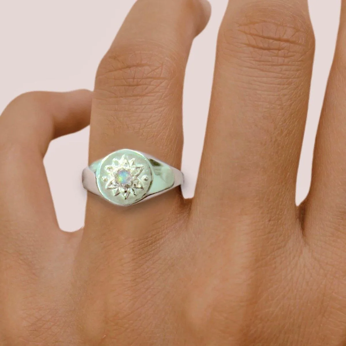 Laihas Intricate Vera May Sterling Silver Signet Ring- Genuine Opal Ring