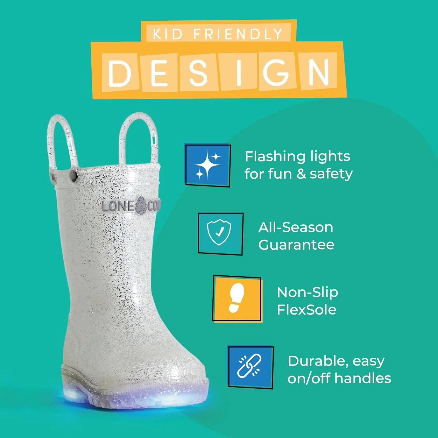 Lone Cone Kids Rain Boots for Girls & Boys  Waterproof Natural Rubber Toddler Rain Boots with Non-Slip Outsole & Easy Pull Handles  Solid, Pattern & Glitter Designs