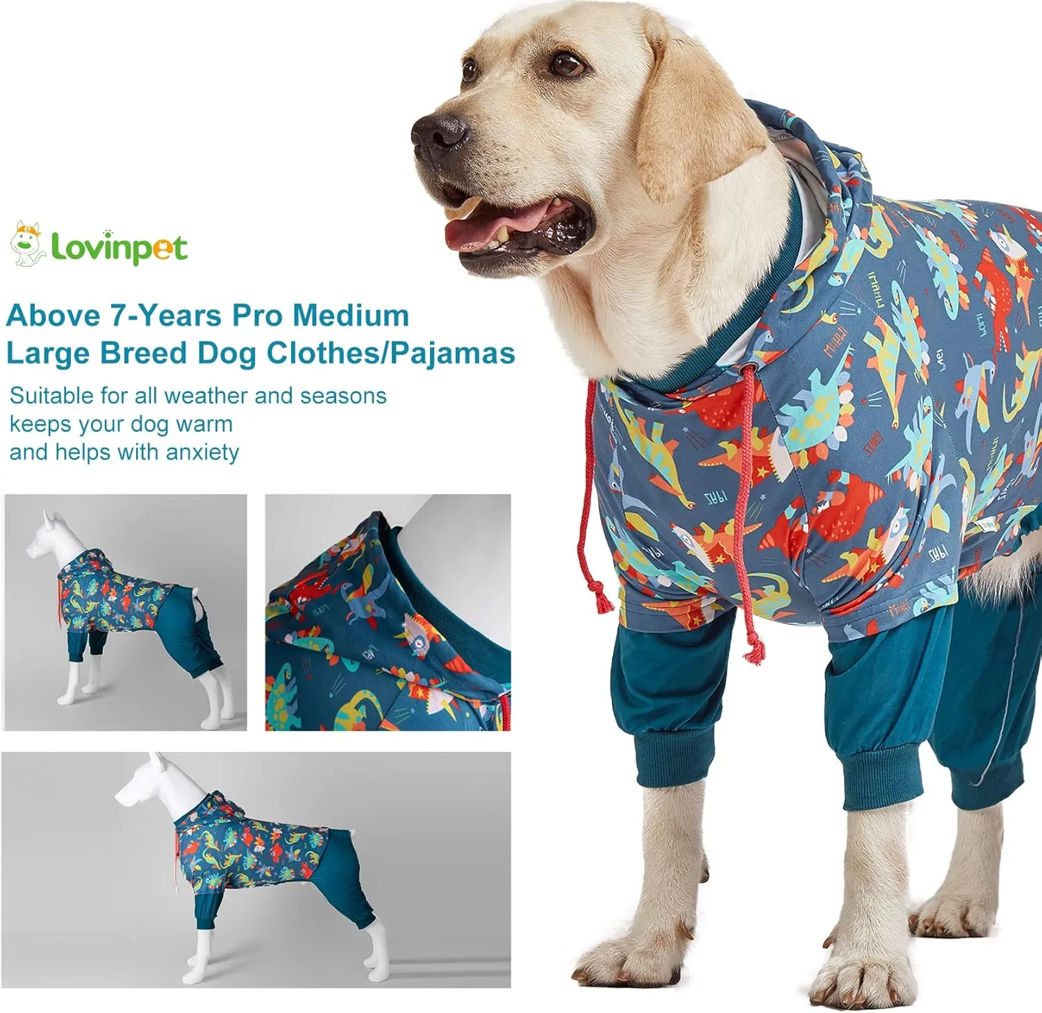 LovinPet Dog Pajamas Large Dog: Wound Care, Anxiety Lightweight Onesie, Large Dog Pajamas, Pjs for Dogs, Reflective Stripe, Super Dinos Navy Print, Surgical Recovery Clothes /3XL