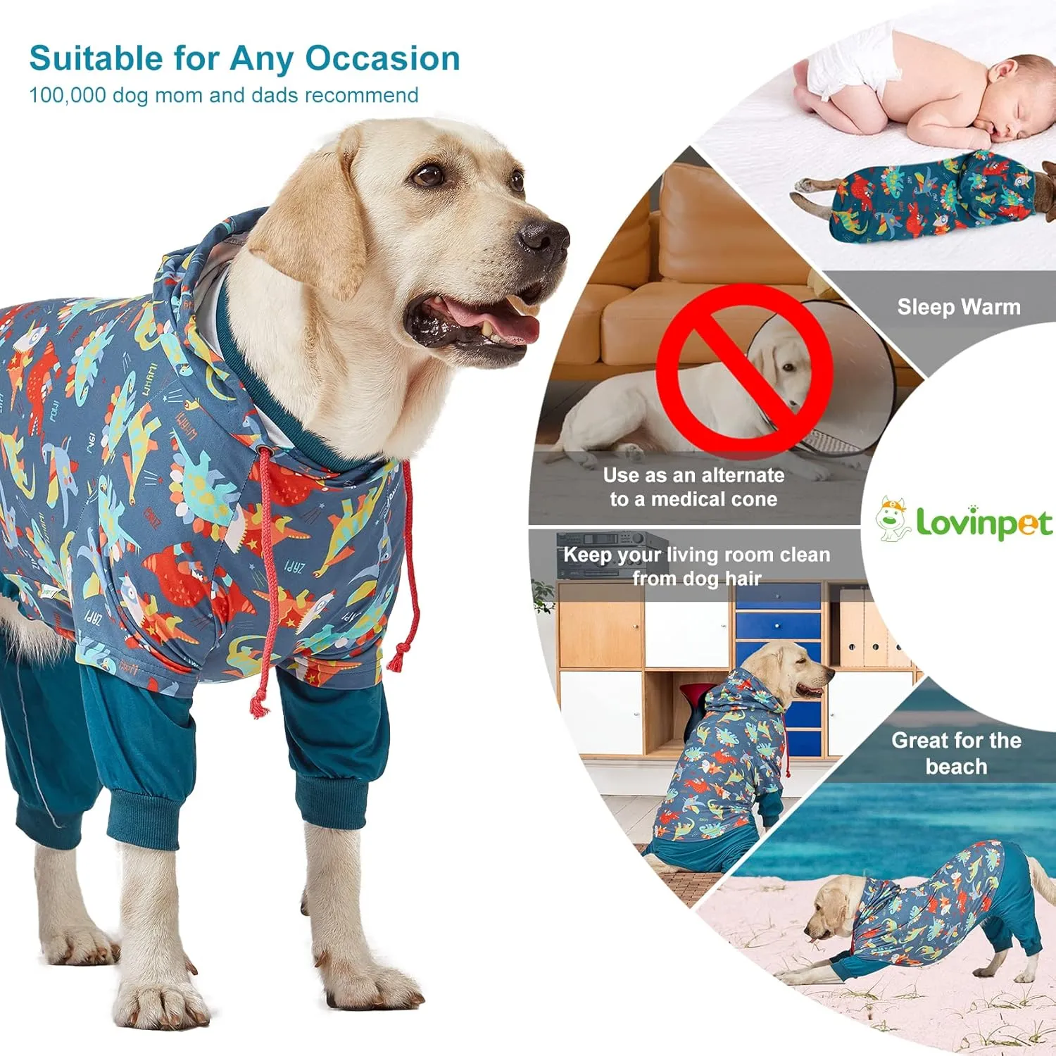 LovinPet Dog Pajamas Large Dog: Wound Care, Anxiety Lightweight Onesie, Large Dog Pajamas, Pjs for Dogs, Reflective Stripe, Super Dinos Navy Print, Surgical Recovery Clothes /3XL