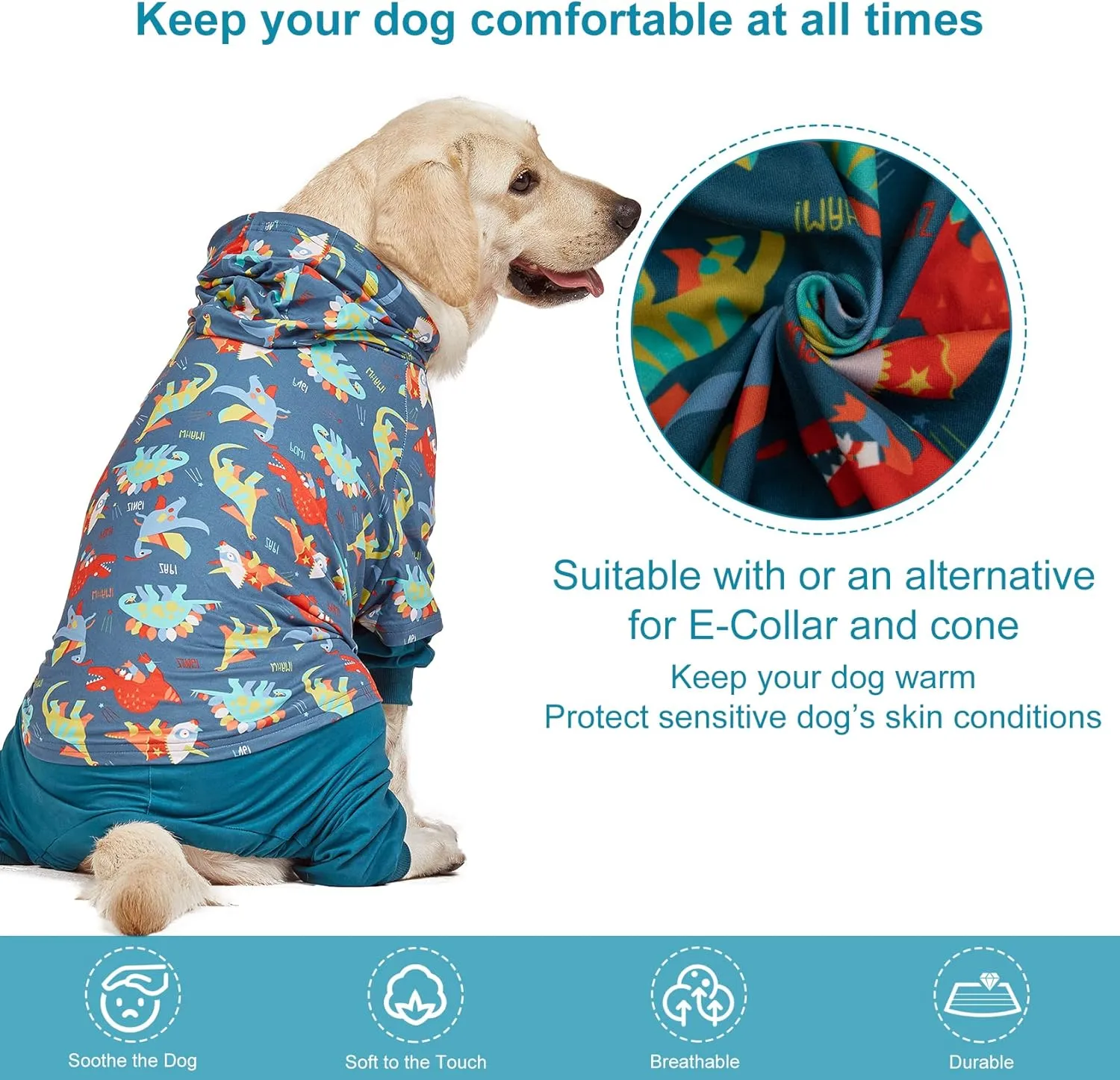 LovinPet Dog Pajamas Large Dog: Wound Care, Anxiety Lightweight Onesie, Large Dog Pajamas, Pjs for Dogs, Reflective Stripe, Super Dinos Navy Print, Surgical Recovery Clothes /3XL