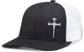 Men's Christian Faith Cross Nails Embroidered Mesh Back Trucker Hat, Ocean Blue/Heather Grey/Beige