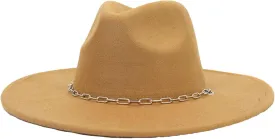 Men's Vintage Panama Jazz Cap with Chain Decor Classic Wide Brim Fedora Hats for Women Men