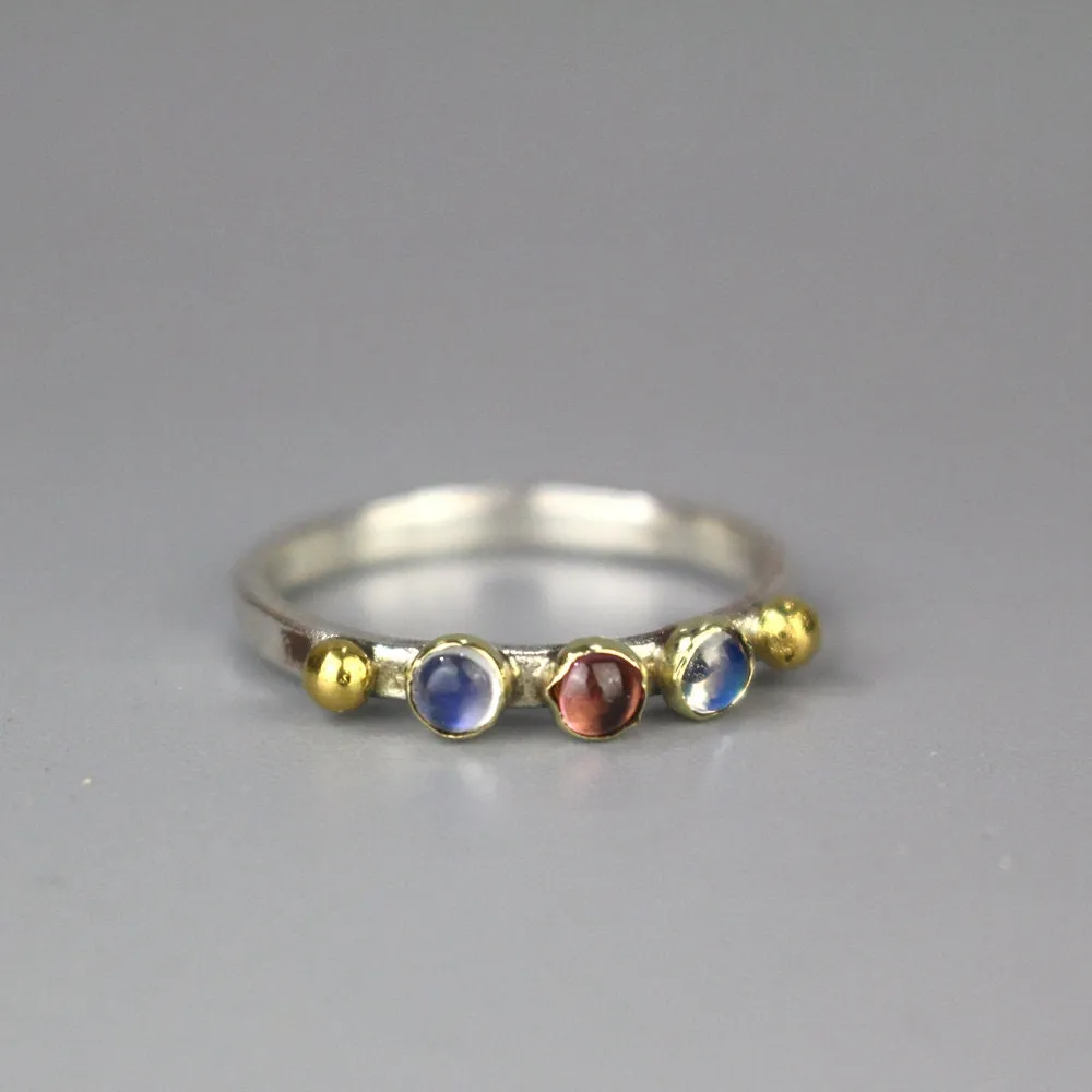 Moonstone Garnet Triple Gemstone Ring