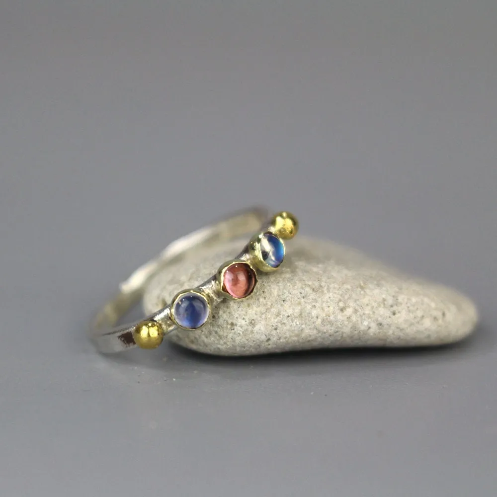Moonstone Garnet Triple Gemstone Ring
