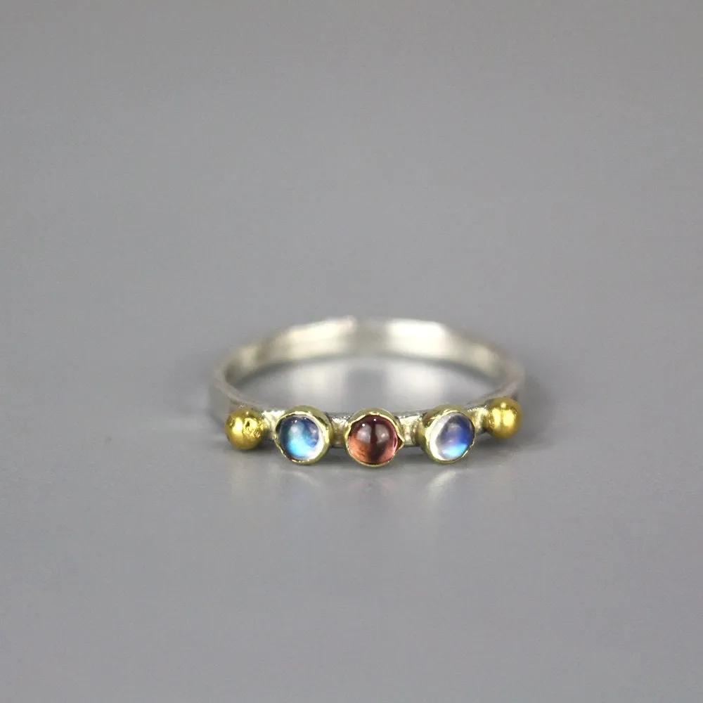 Moonstone Garnet Triple Gemstone Ring