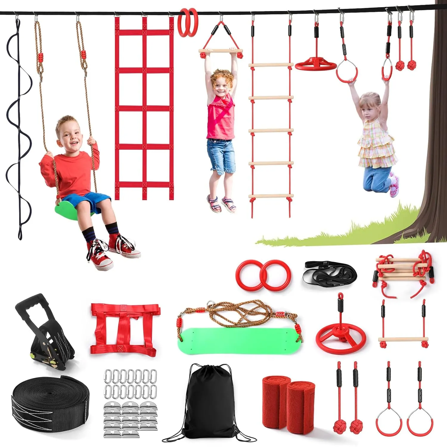 Ninja Warrior Obstacle Course for Kids Backyard, Ninja Course for Kids, 50 ft Slackline with 12 Obstacles for Boys & Girls, Swing, Ladders, Monkey Bar, Wheel, Gymnastics, Playset Equipment Camp Park