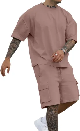 Opomelo Mens Short Sets 2 Piece Outfits - Casual Summer Short Sleeve Sweatsuits Sets for Men with Cargo Pocket