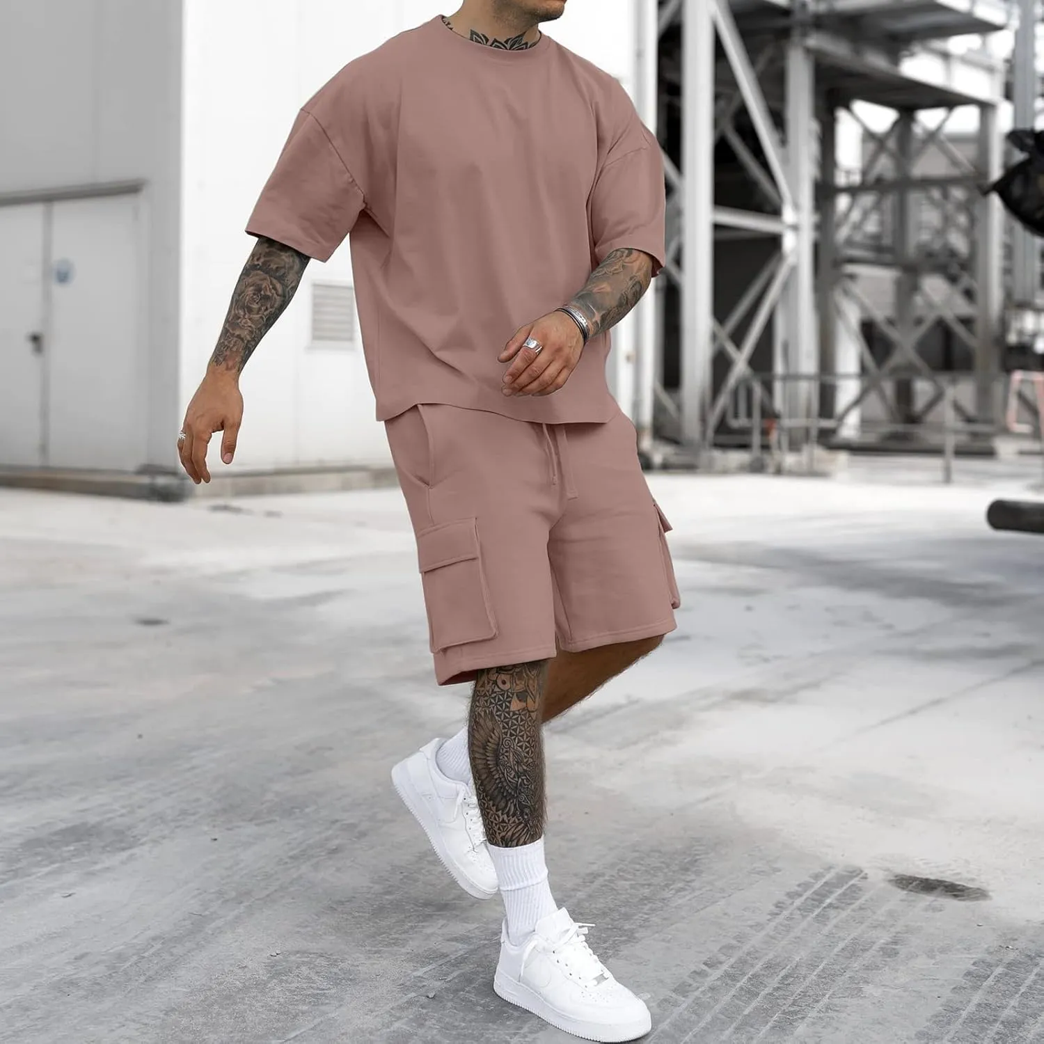 Opomelo Mens Short Sets 2 Piece Outfits - Casual Summer Short Sleeve Sweatsuits Sets for Men with Cargo Pocket