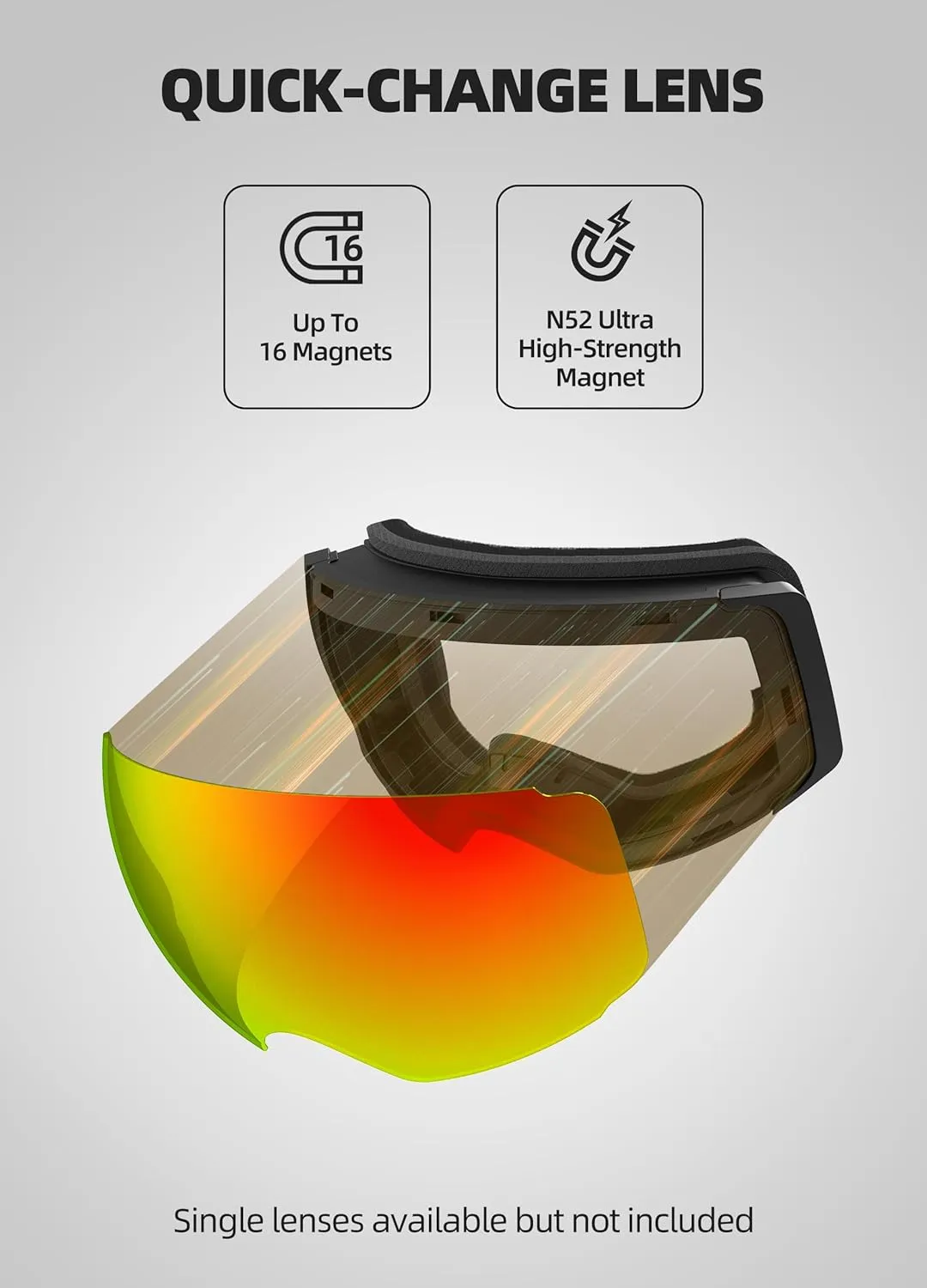 OTG Ski Goggles, Interchangeable Magnetic Lens Snow Goggles, Anti Fog Snowboard Goggles for Women Men Adult Youth