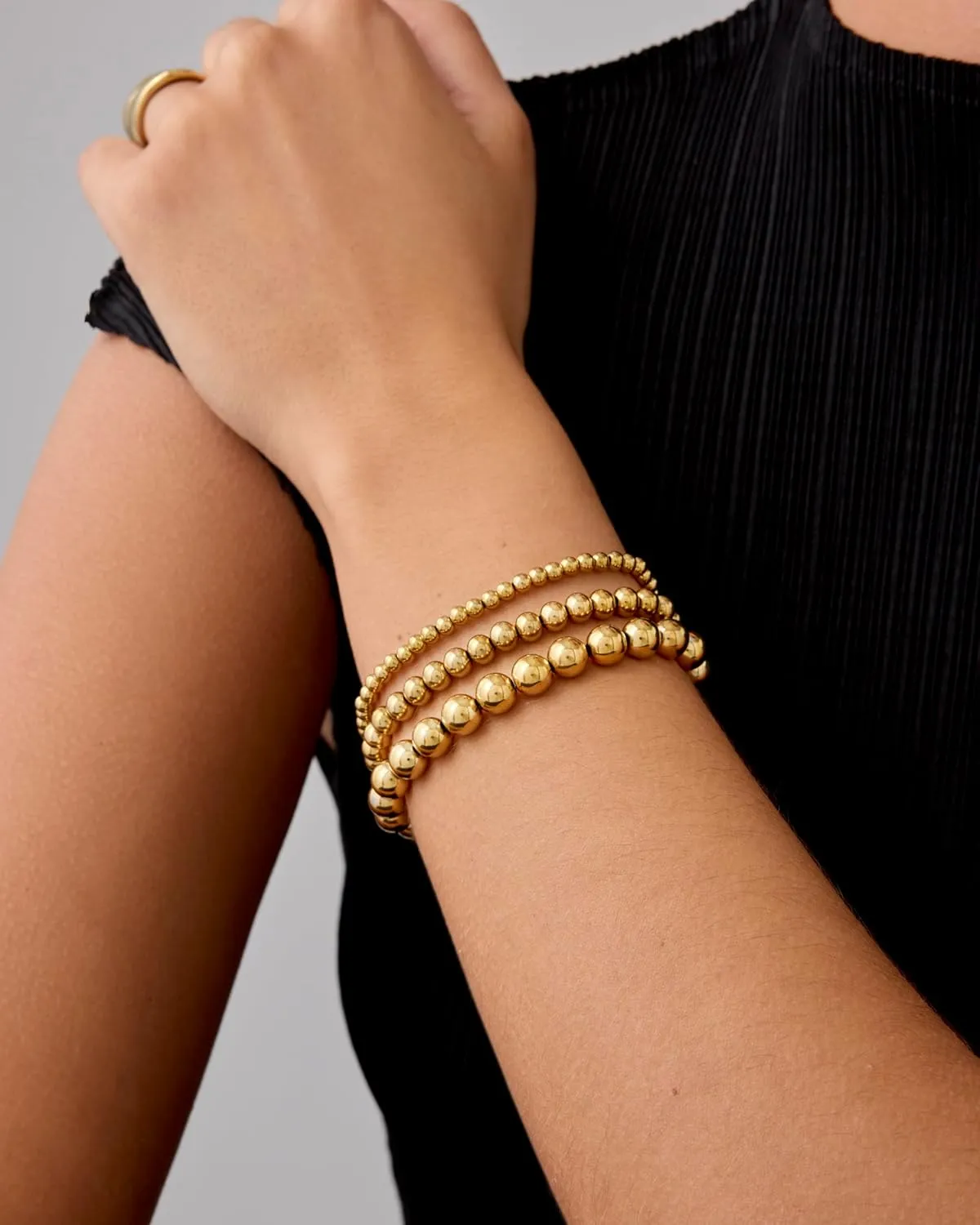 PAVOI 14K Gold Plated Beaded Bracelet Pack for Women | Stainless Steel 3-Piece Stretchy Bracelet Set | Waterproof Ball Trio