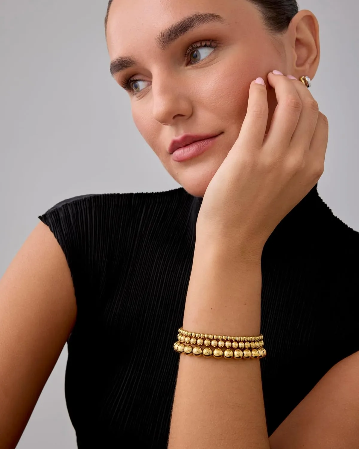 PAVOI 14K Gold Plated Beaded Bracelet Pack for Women | Stainless Steel 3-Piece Stretchy Bracelet Set | Waterproof Ball Trio