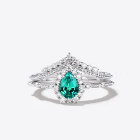 Pear Emerald Ring Set Green Emerald Gemstone Anniversary Ring Diamond Chervon Band