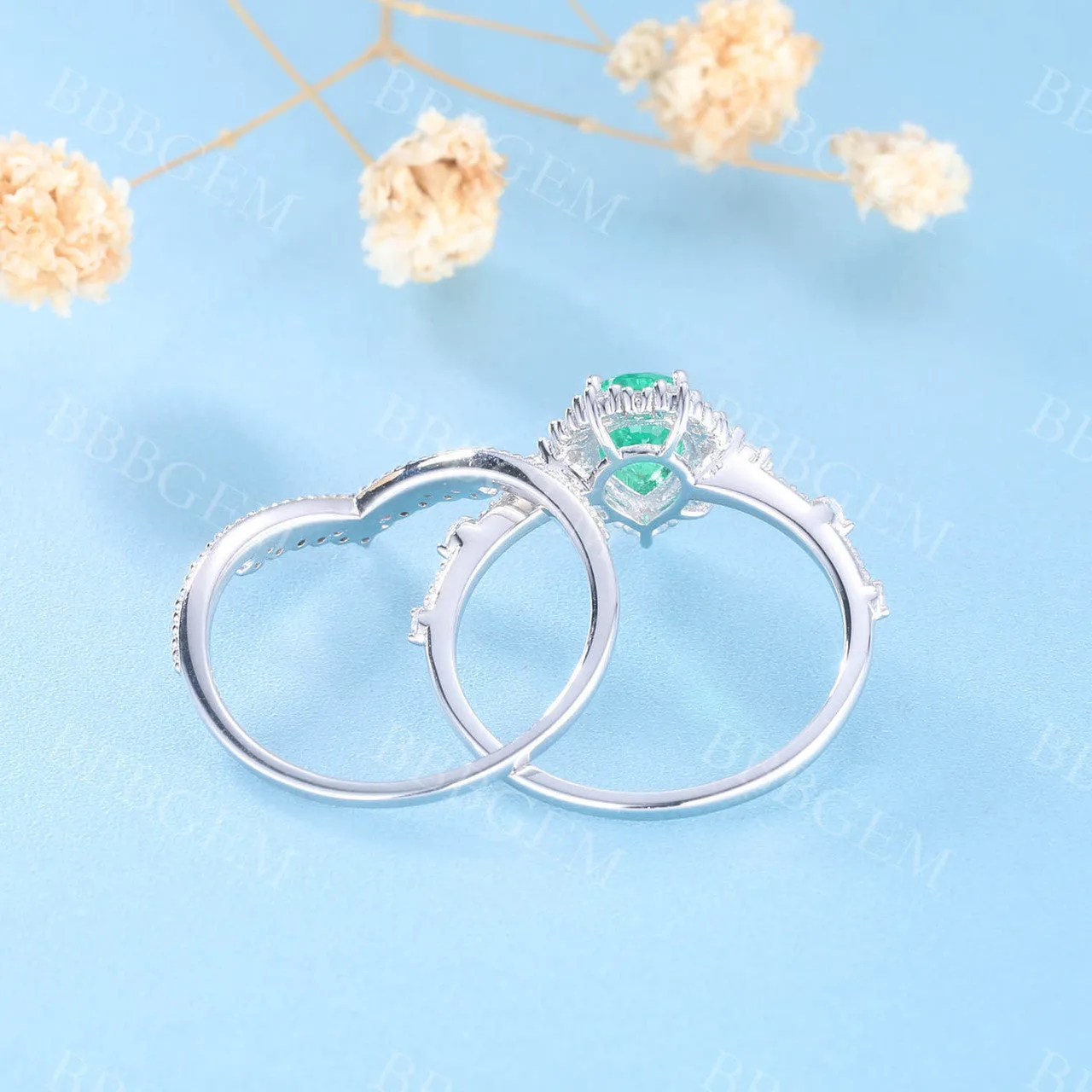 Pear Emerald Ring Set Green Emerald Gemstone Anniversary Ring Diamond Chervon Band
