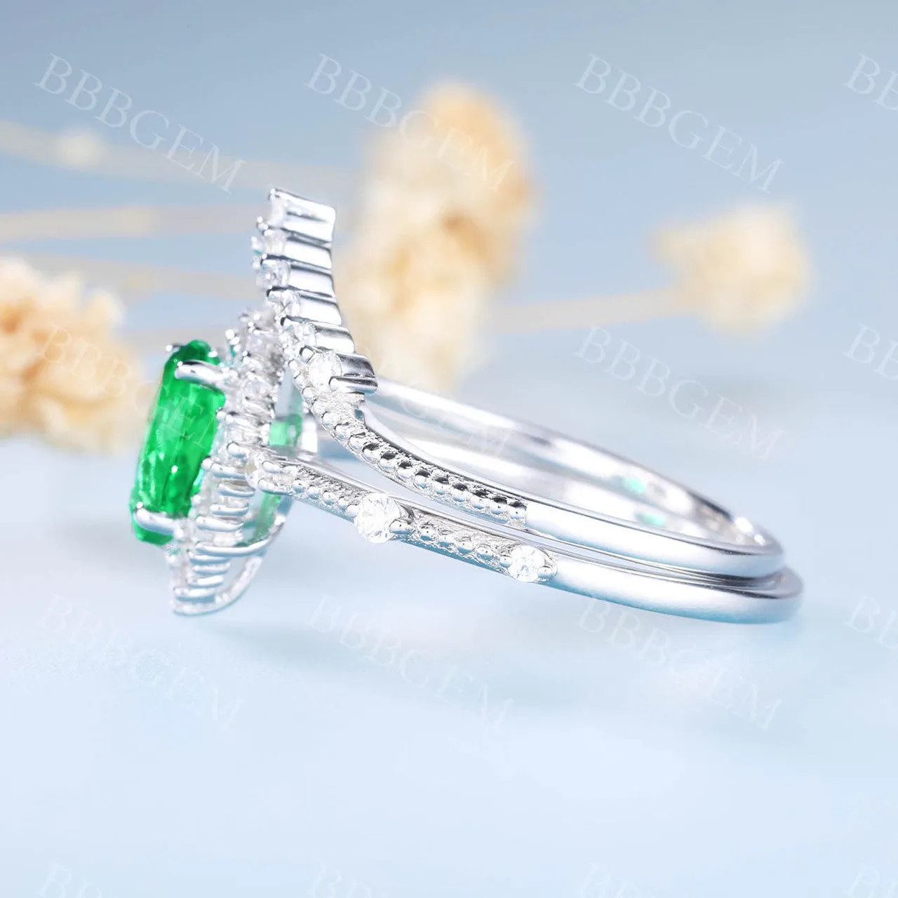 Pear Emerald Ring Set Green Emerald Gemstone Anniversary Ring Diamond Chervon Band